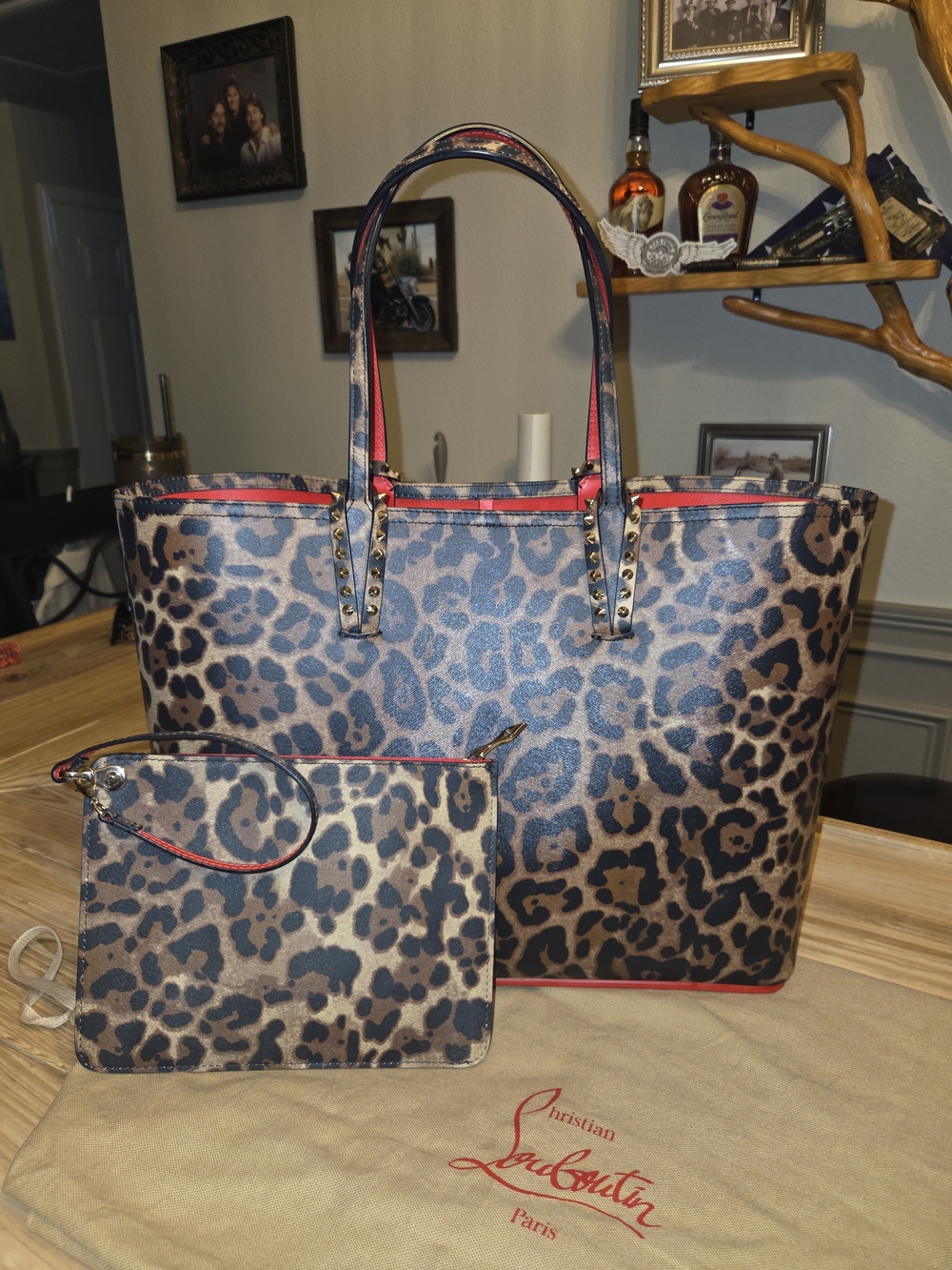 Christian Louboutin Leopard Print Tote with Pouch - Brown/Red